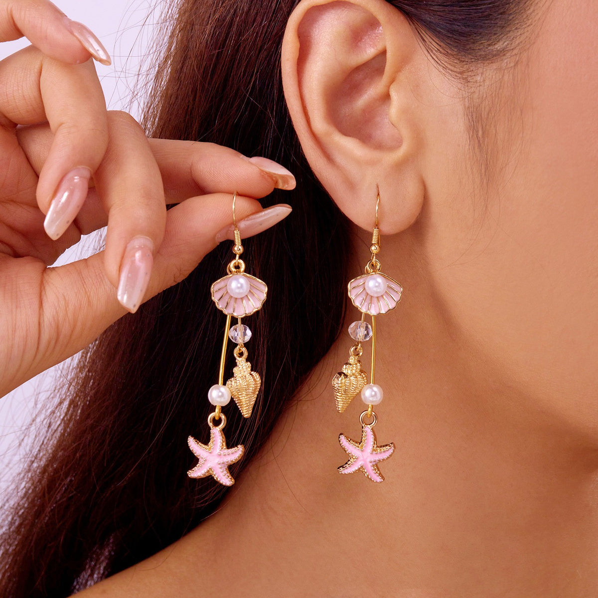 Romantic Pink Shell Starfish Drop Earrings
