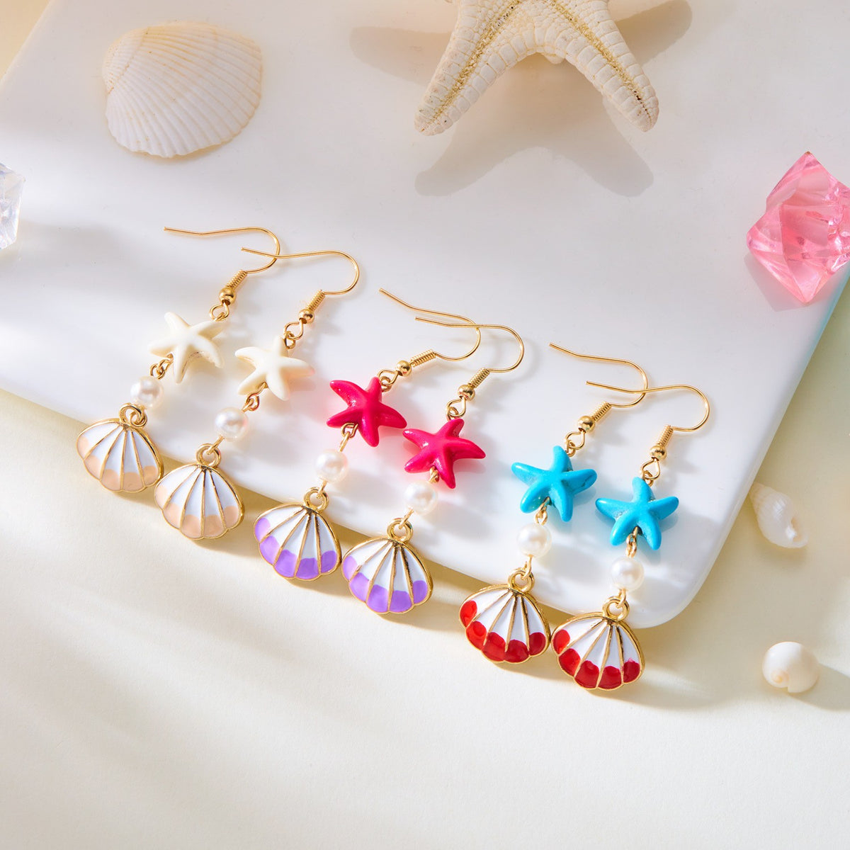 Romantic Pink Shell Starfish Drop Earrings