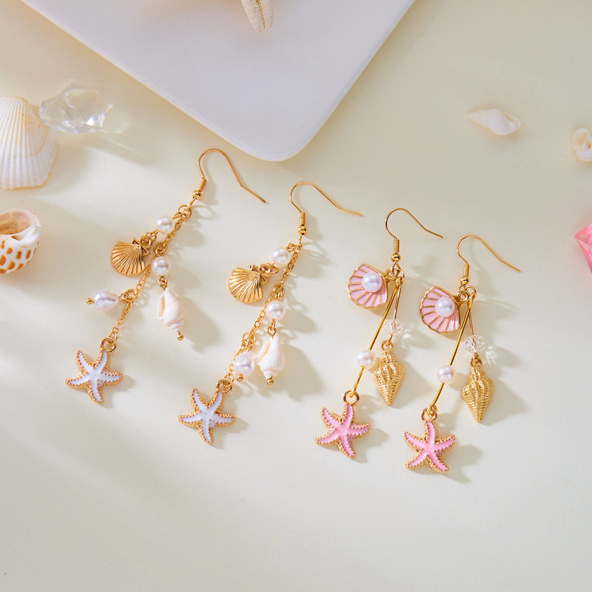 Romantic Pink Shell Starfish Drop Earrings