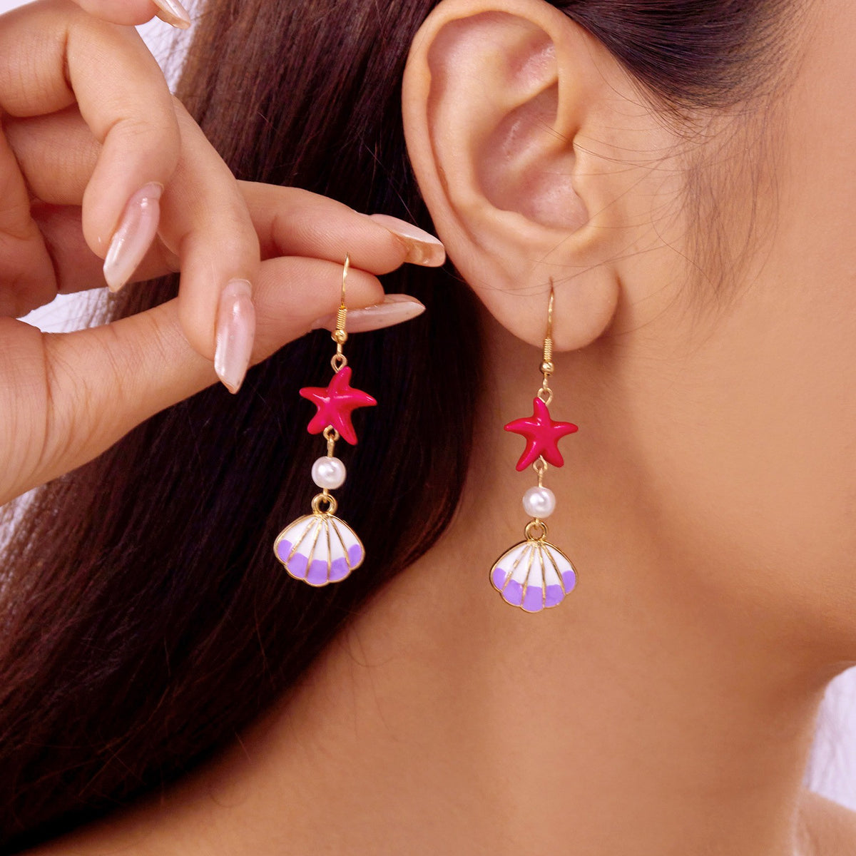 Romantic Pink Shell Starfish Drop Earrings