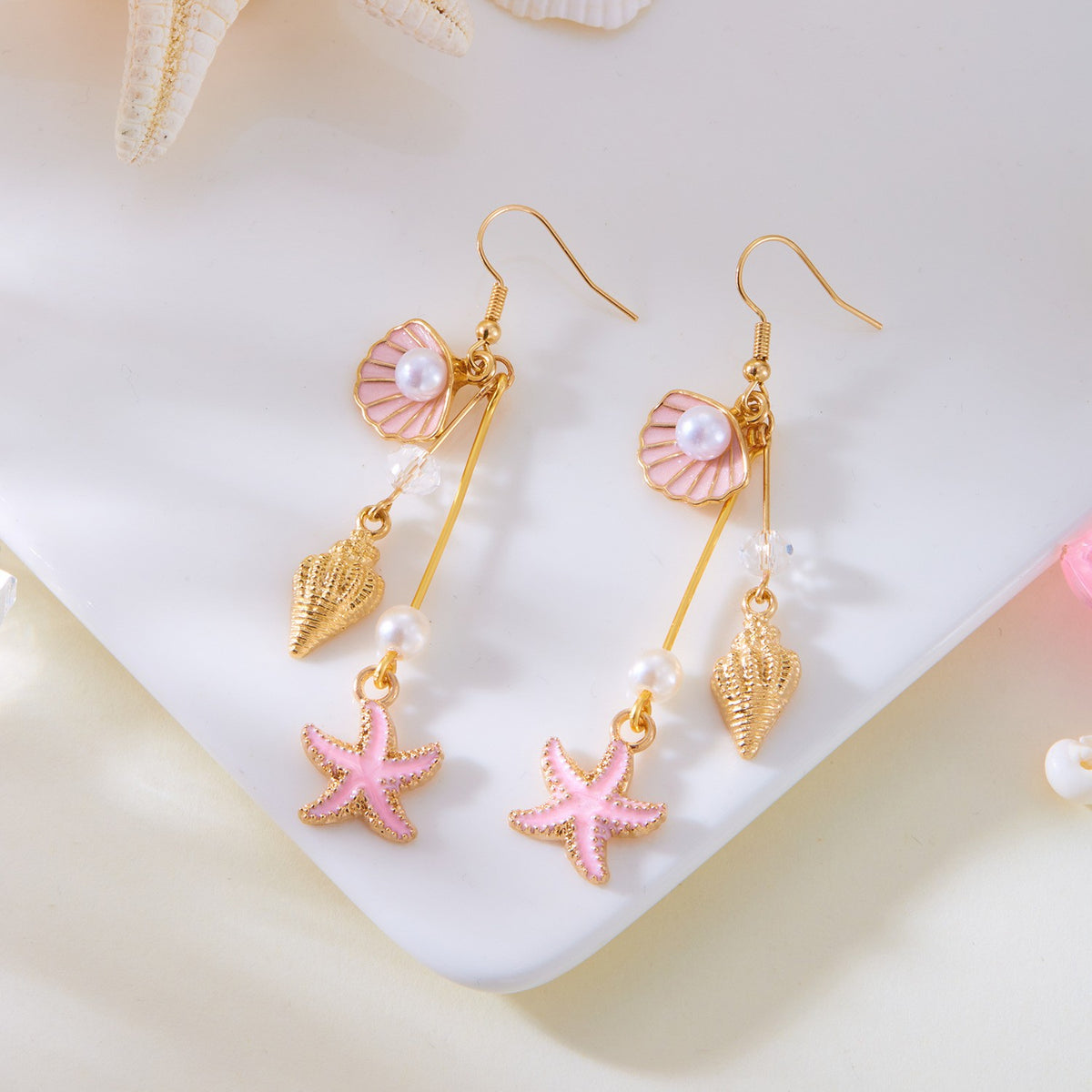 Romantic Pink Shell Starfish Drop Earrings