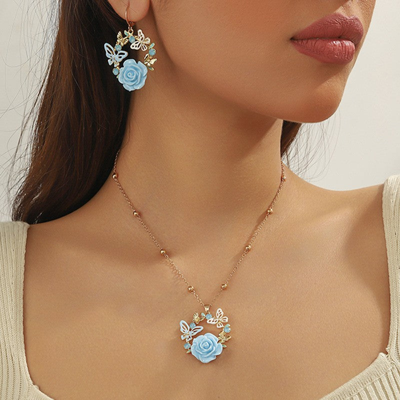 Romantic Pink Rose Butterfly Necklace & Earring Set