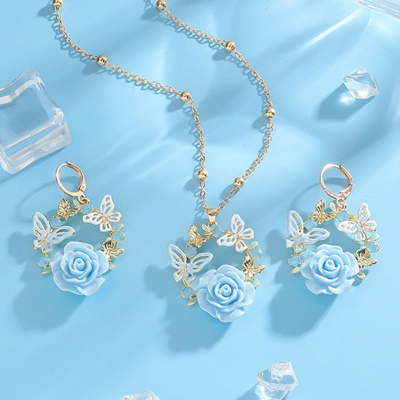 Romantic Pink Rose Butterfly Necklace & Earring Set