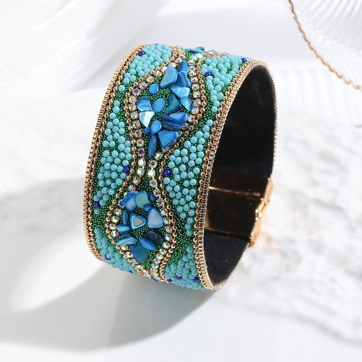 Boho Blue Beaded Leather Cuff Bracelet
