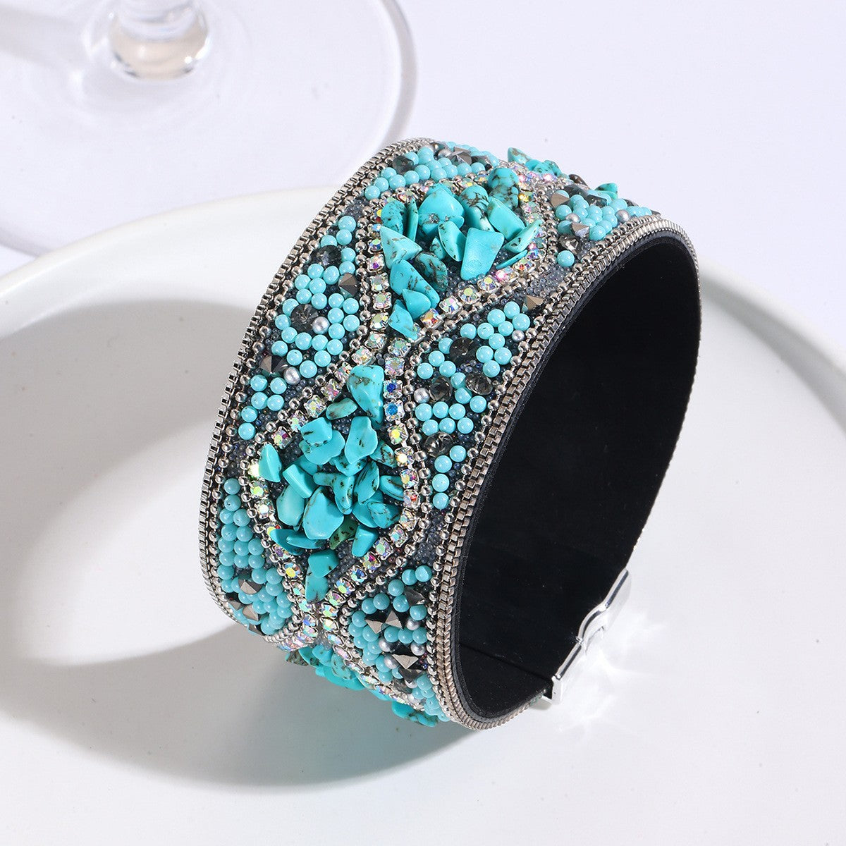 Boho Blue Beaded Leather Cuff Bracelet