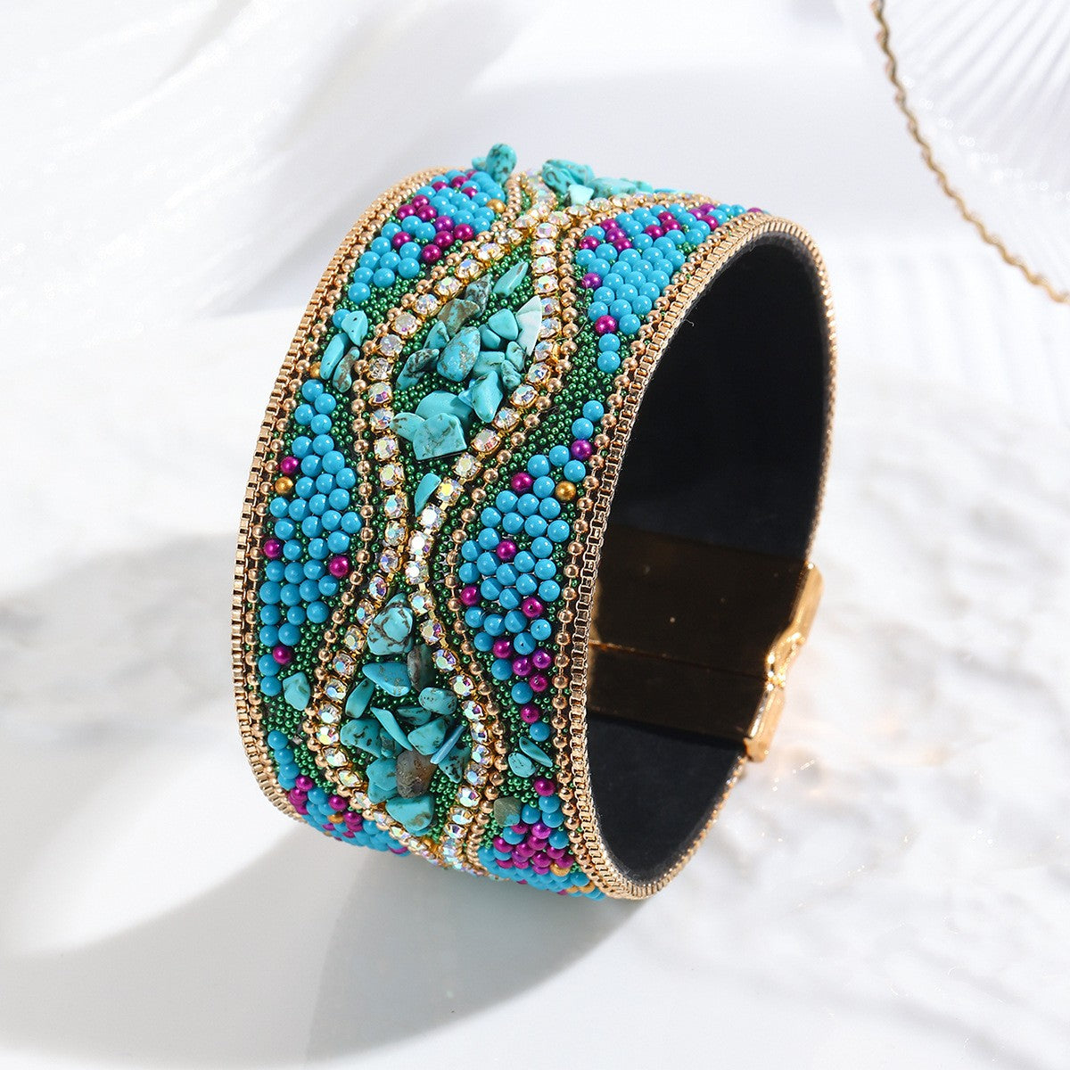 Boho Blue Beaded Leather Cuff Bracelet
