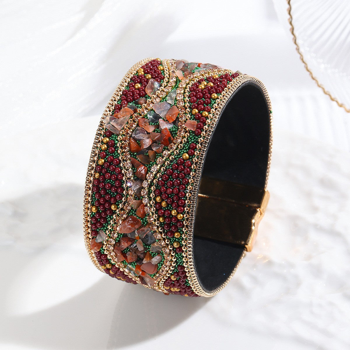 Boho Blue Beaded Leather Cuff Bracelet