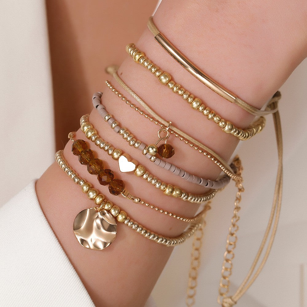 Boho Layered Amber & Disc Bracelet Set