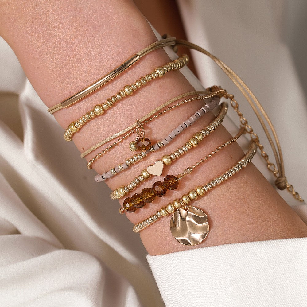 Boho Layered Amber & Disc Bracelet Set