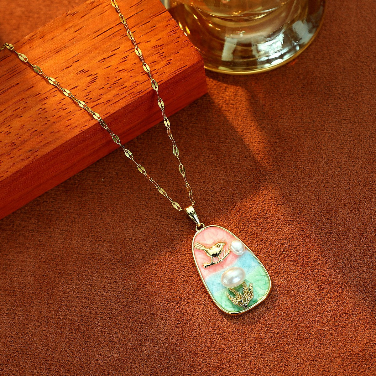 Vintage Inspired Enamel Floral Pearl Necklace