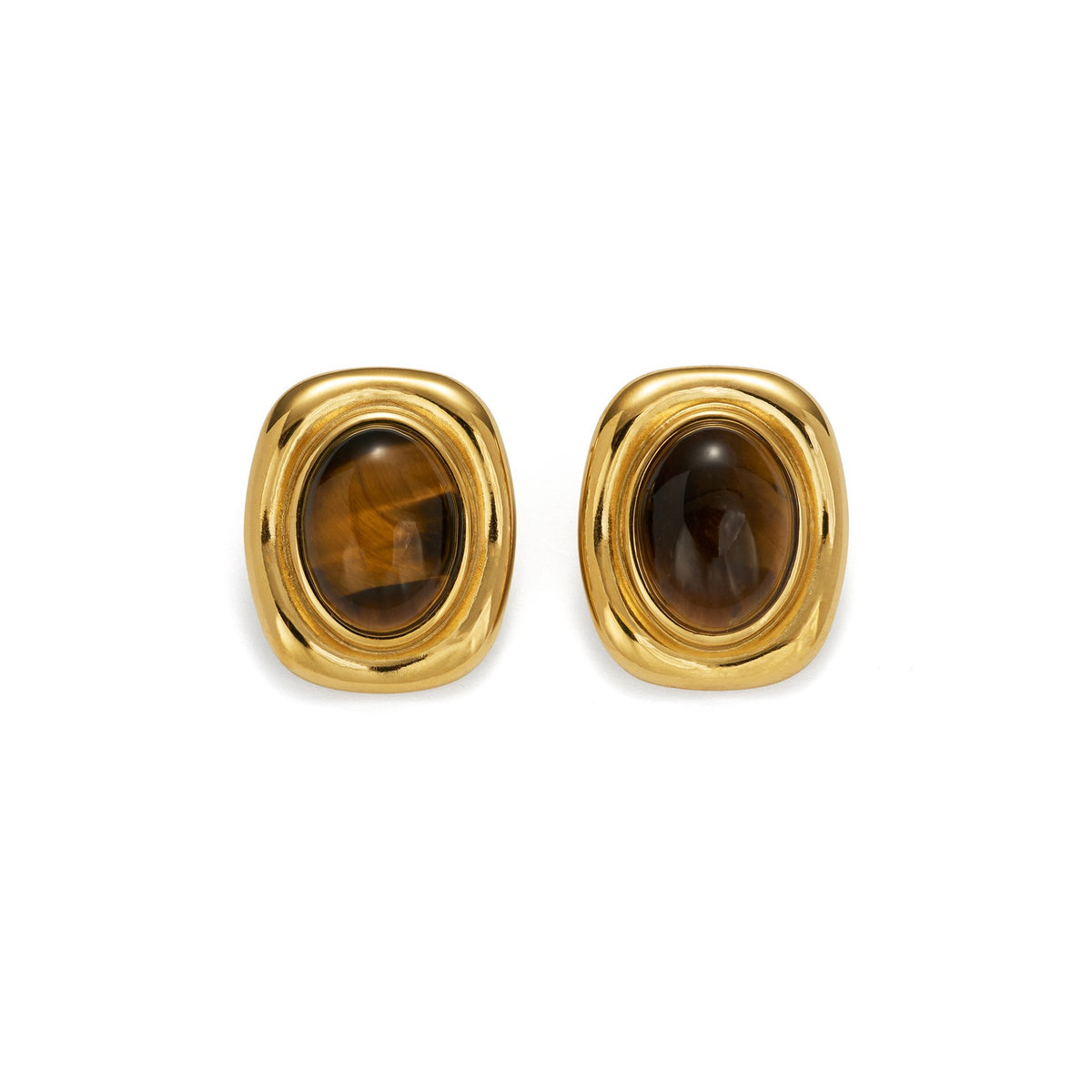 18k Classy Tiger Eye Oval Stud Earrings