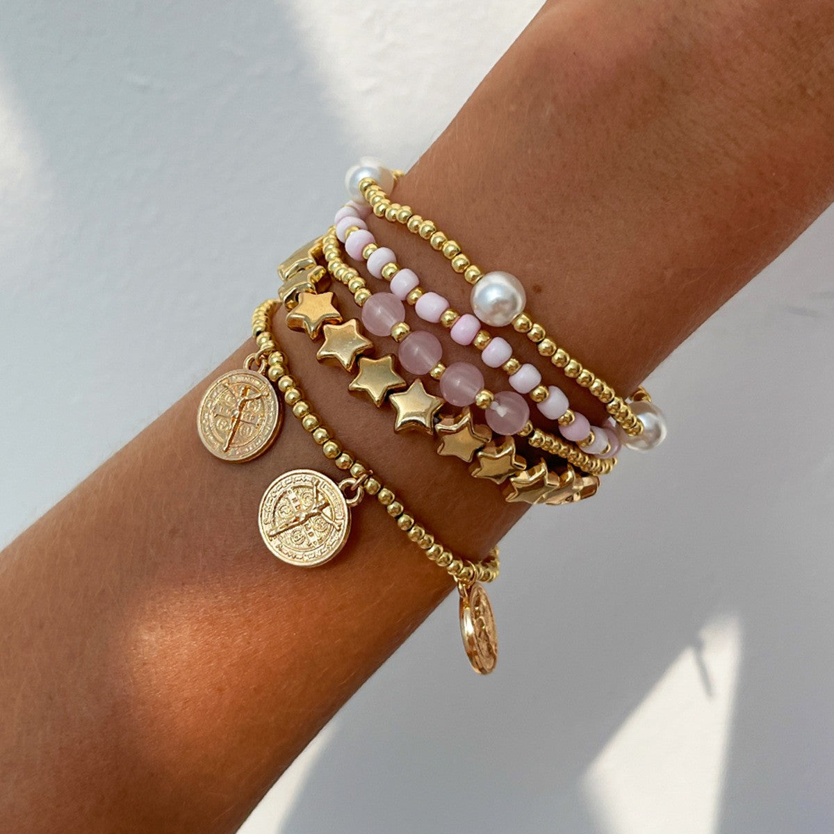 5pc Boho Star Coin Faux Pearl Bracelet Set