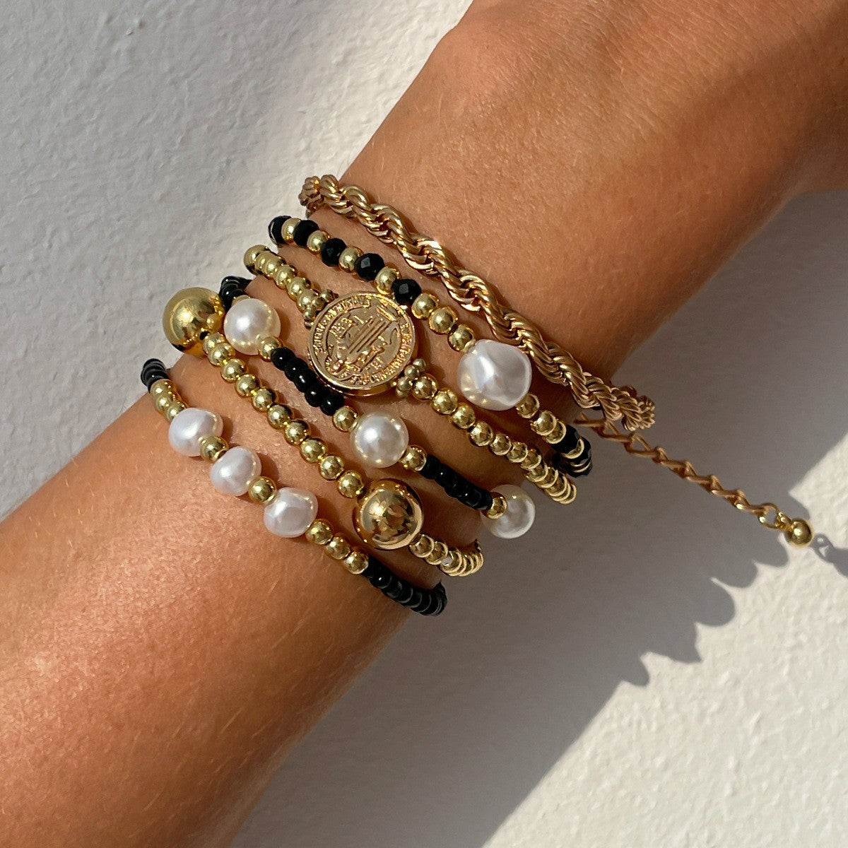 5pc Boho Star Coin Faux Pearl Bracelet Set