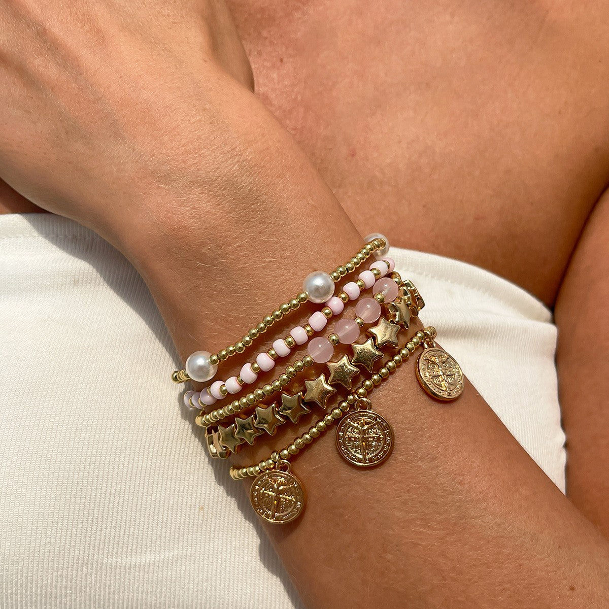 5pc Boho Star Coin Faux Pearl Bracelet Set