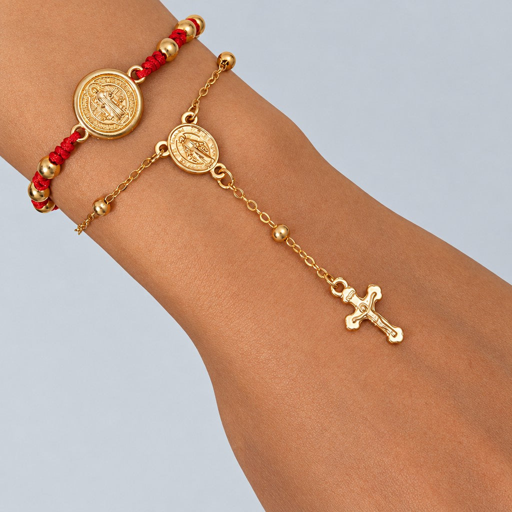 2pc Vintage Religious Medallion & Cross Bracelet Set
