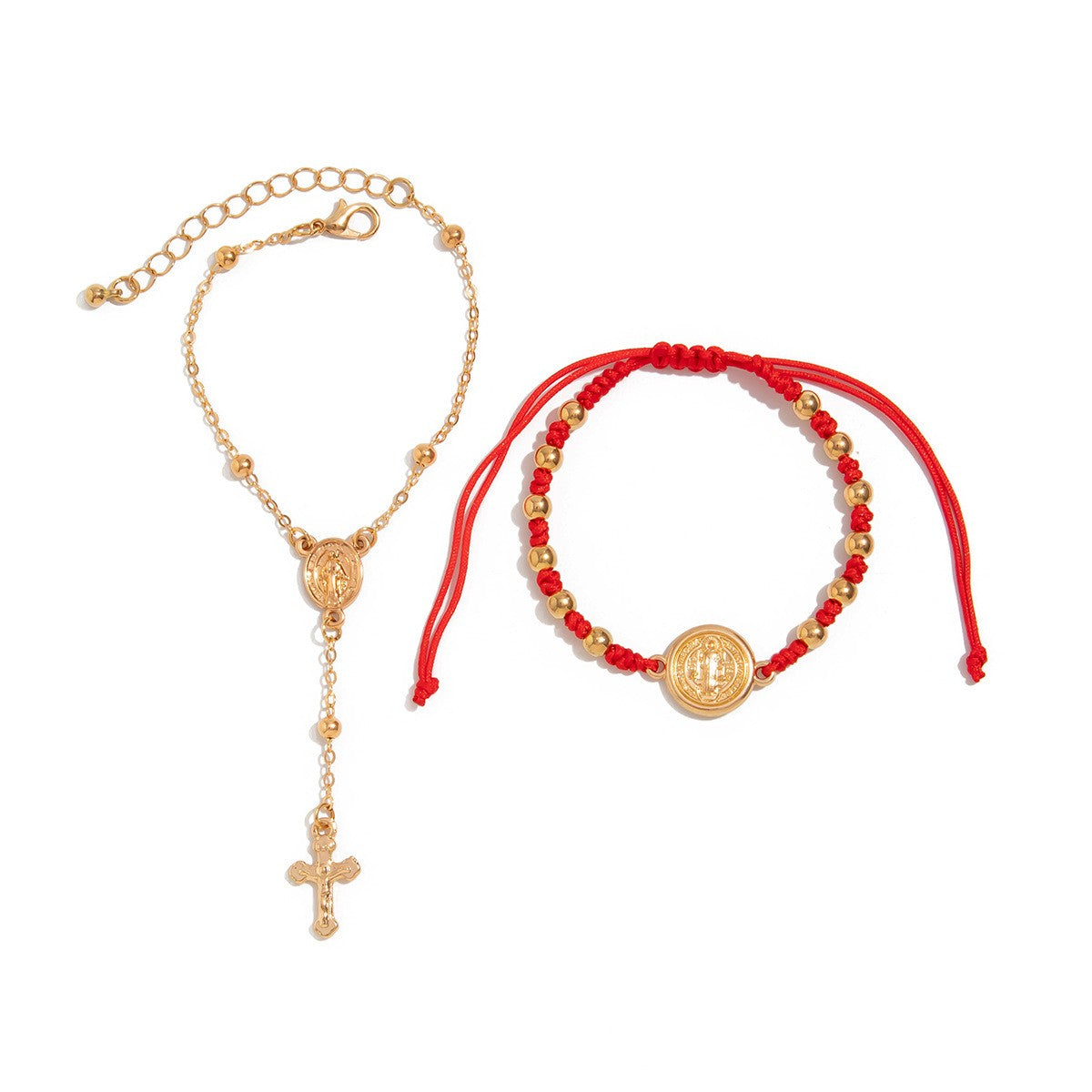 2pc Vintage Religious Medallion & Cross Bracelet Set