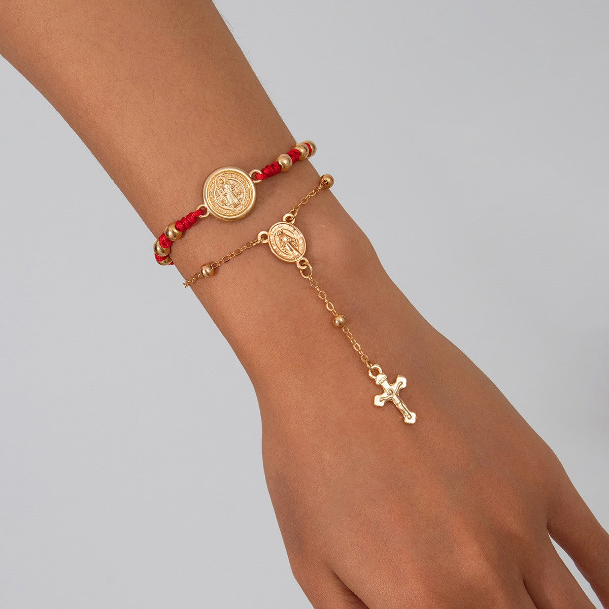 2pc Vintage Religious Medallion & Cross Bracelet Set