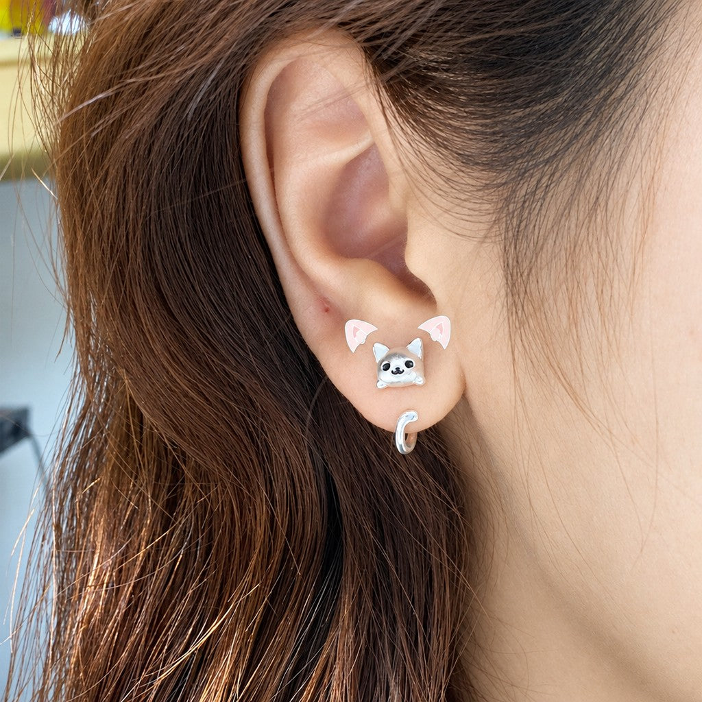 Dainty Smiling Cat Ear Jacket Earrings