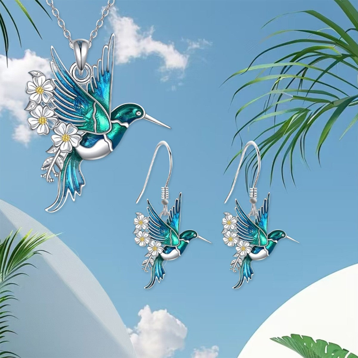 Romantic Enamel Hummingbird Necklace, Bracelet & Earring Set
