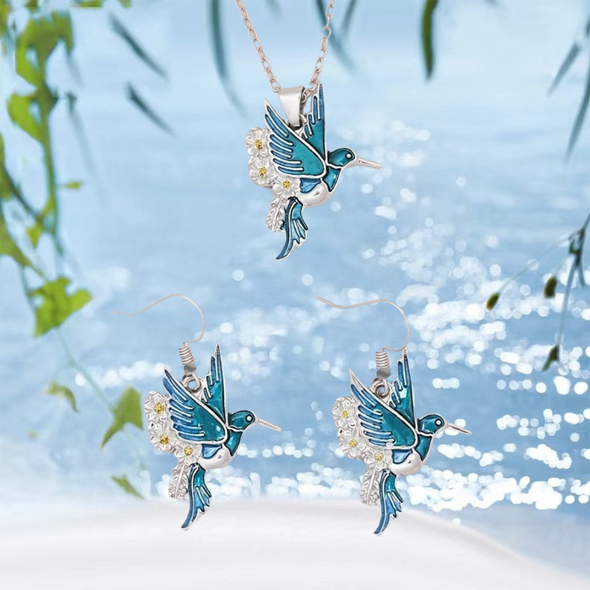 Romantic Enamel Hummingbird Necklace, Bracelet & Earring Set