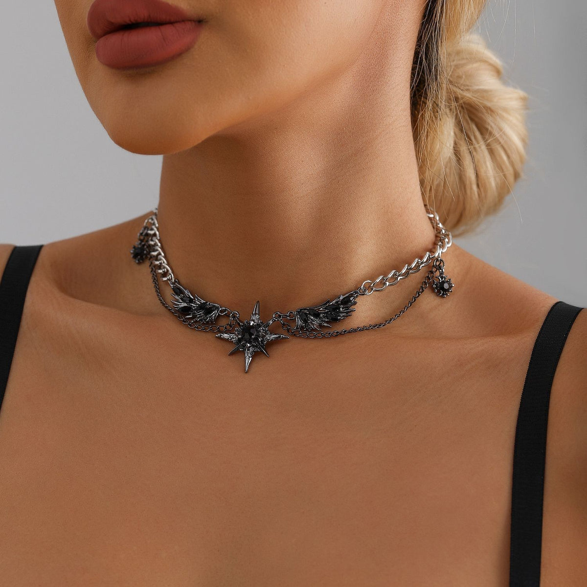 Edgy Silver Wing Starburst Choker Necklace