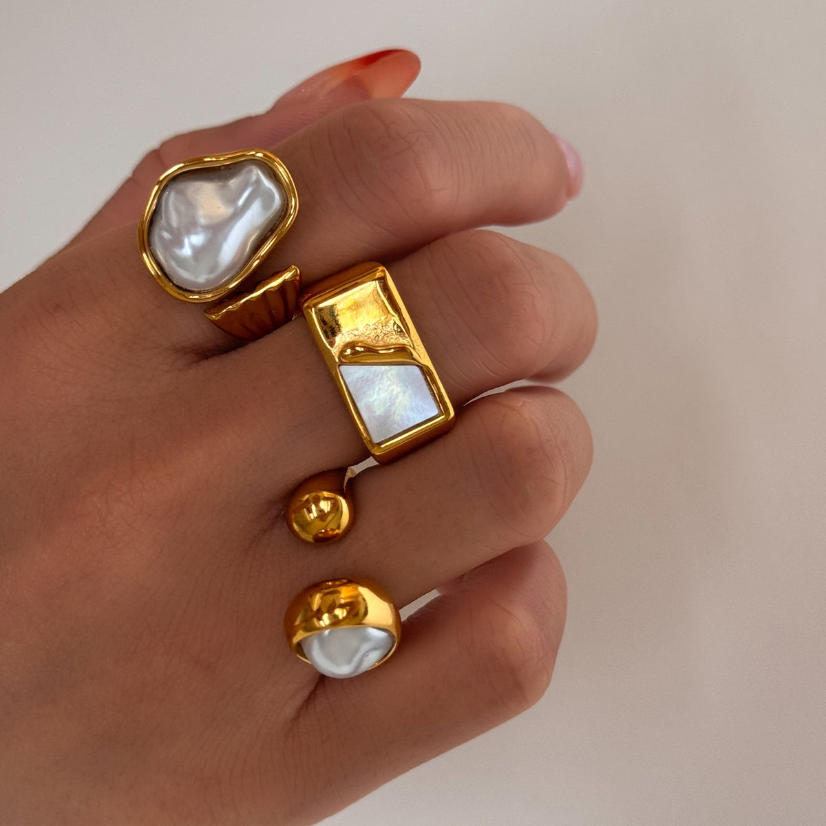 18k Boho Geometric Pearl Ring Set