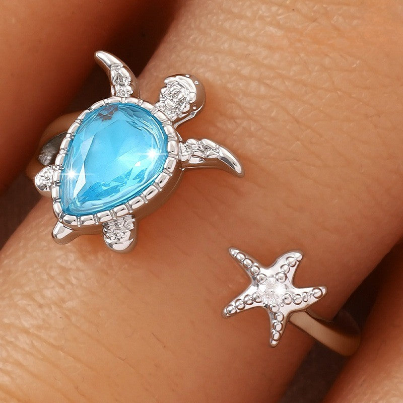 Dainty Sea Turtle & Starfish Open Ring