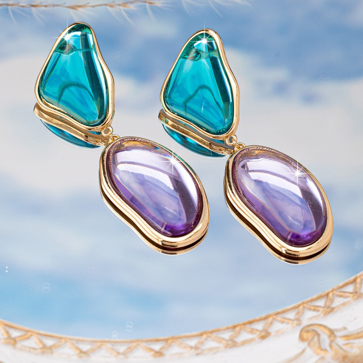 Classy Teal and Purple Resin Drop Earrings