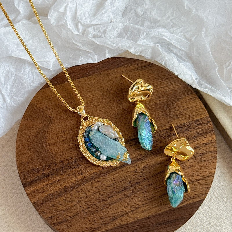 Romantic Raw Crystal & Pearl Necklace and Earring Set
