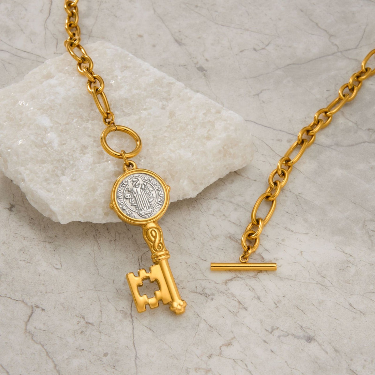 14k Vintage Coin & Key Necklace