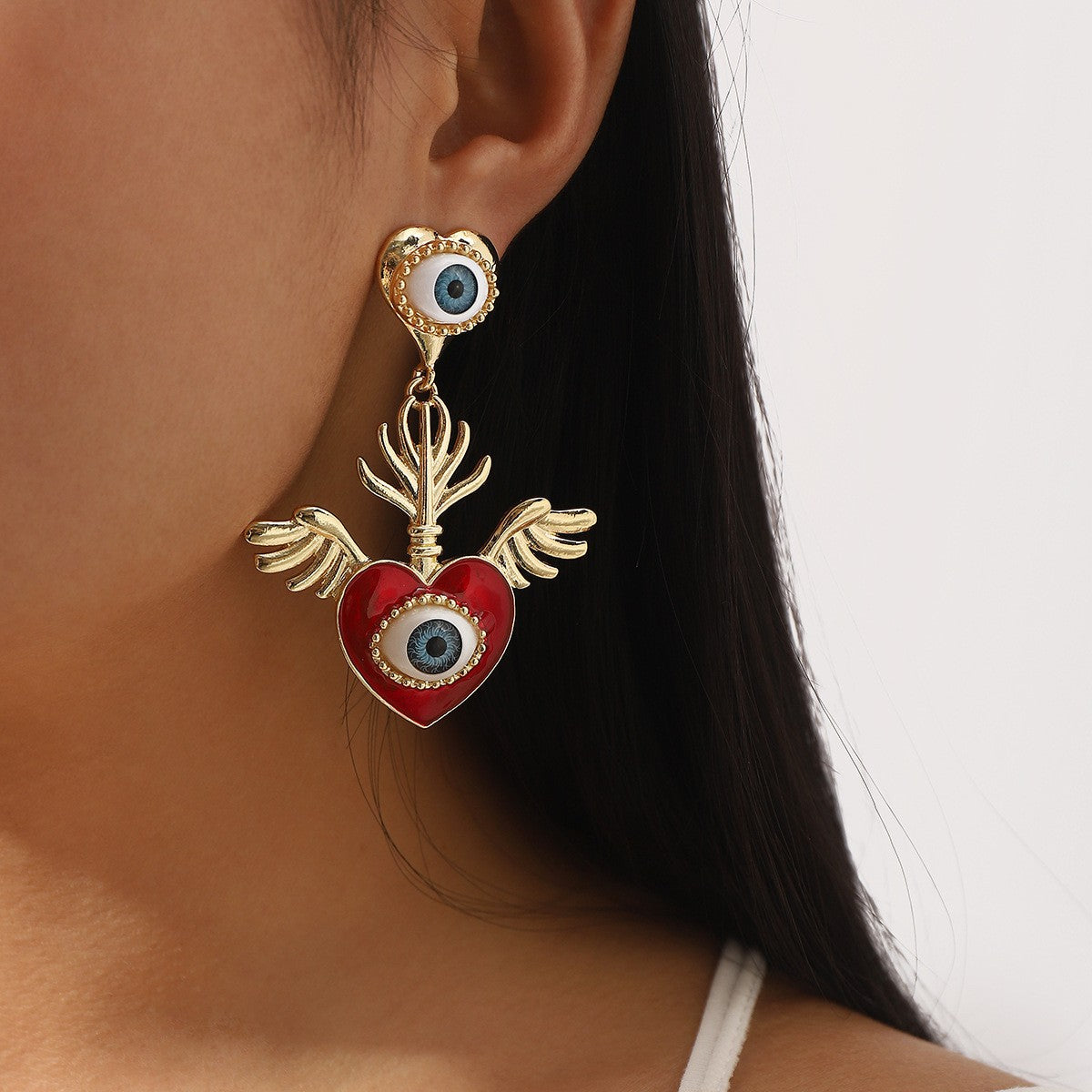 Classy Winged Heart Evil Eye Earrings