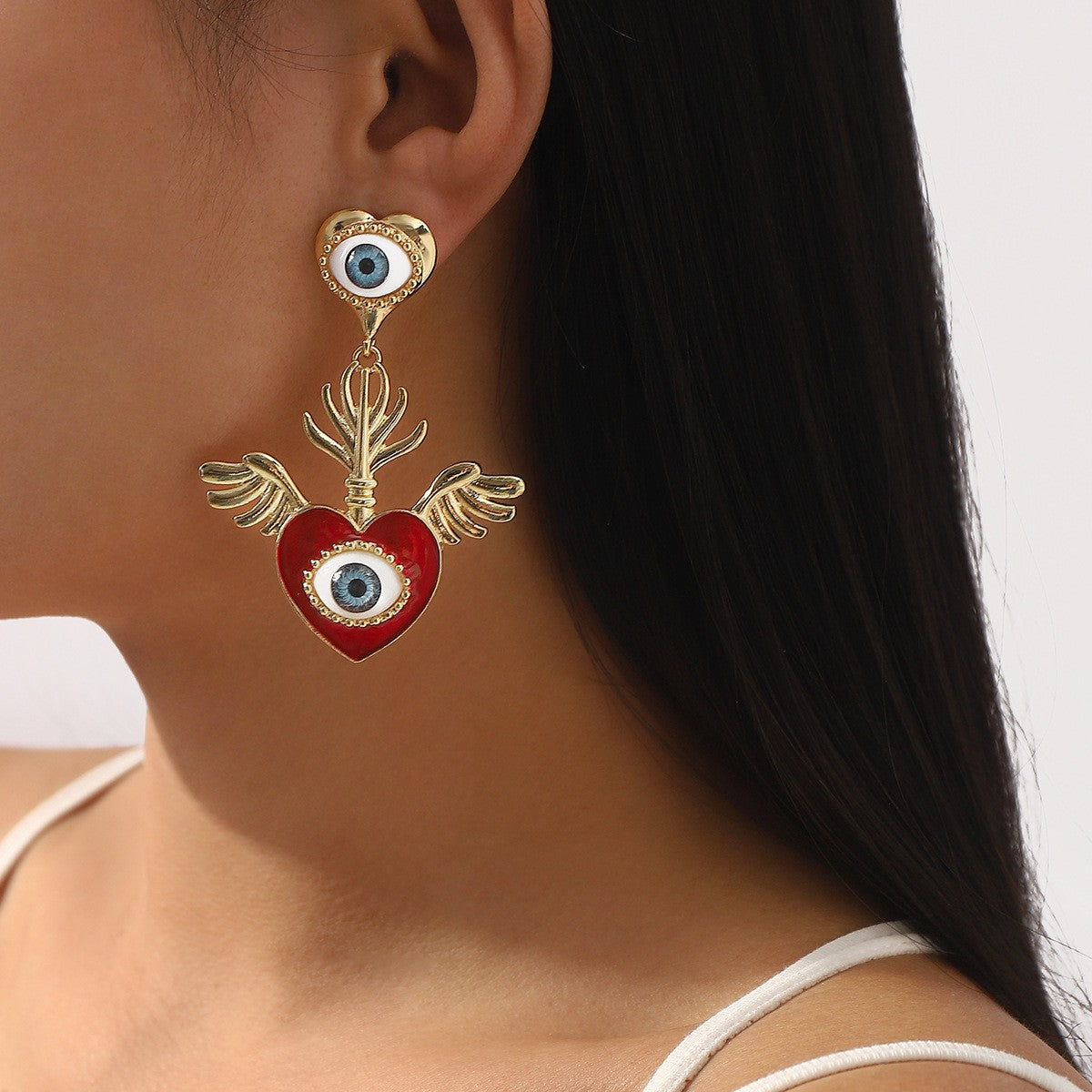 Classy Winged Heart Evil Eye Earrings