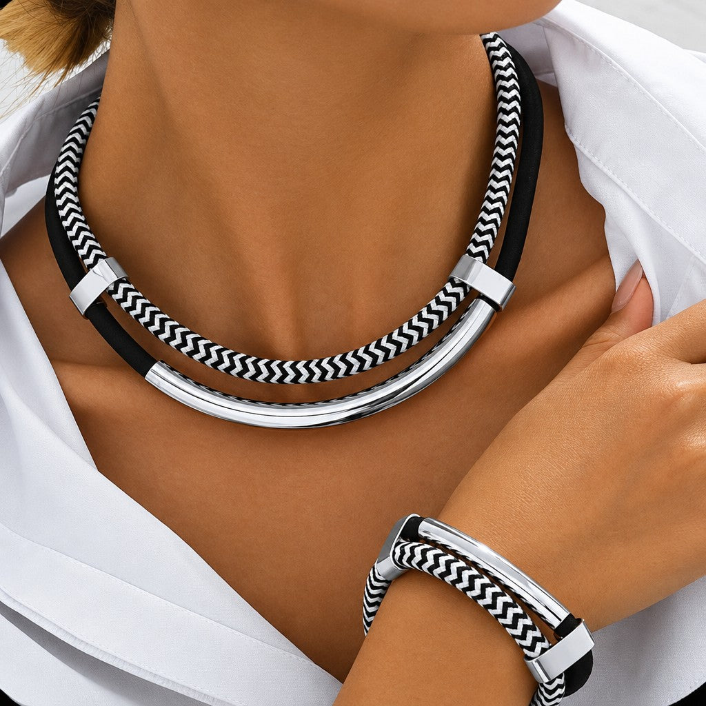 Classy Herringbone Tube Necklace, Bracelet Set