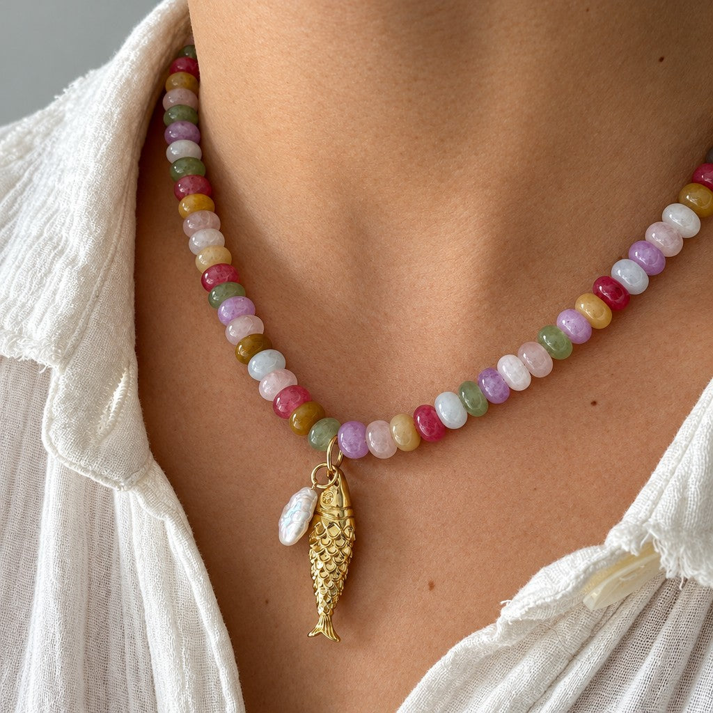 Romantic Multicolor Stone Fish Necklace