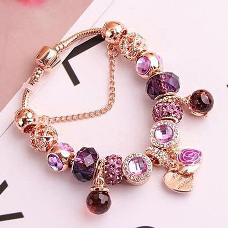 Romantic Purple Floral Heart Charm Bracelet