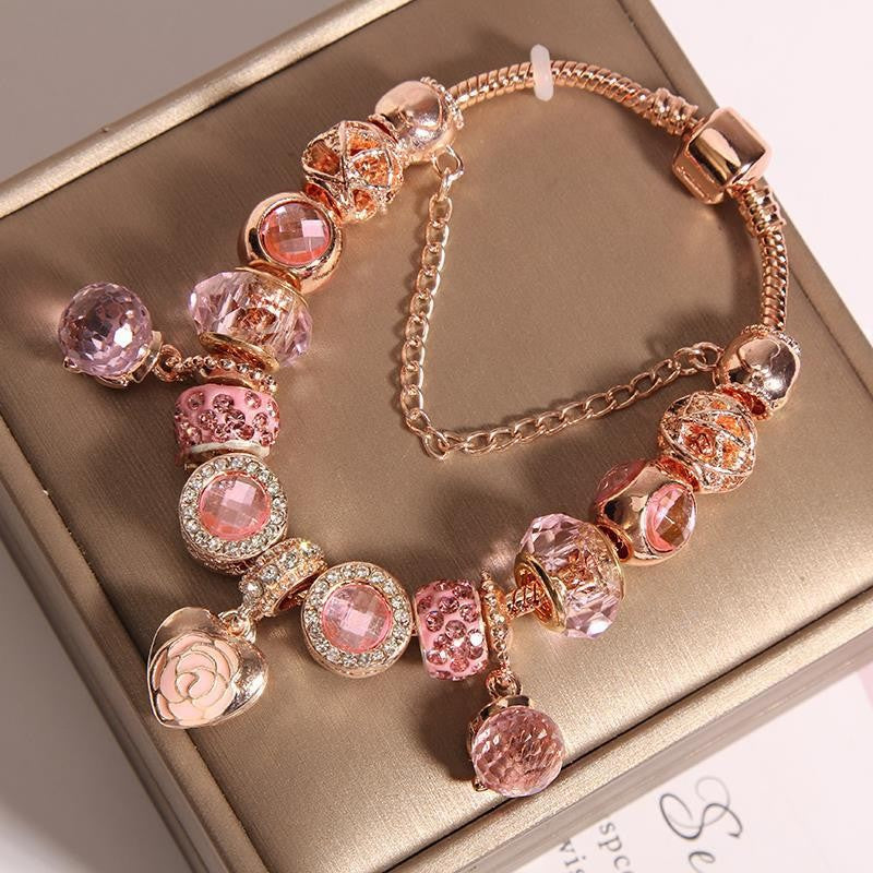 Romantic Purple Floral Heart Charm Bracelet