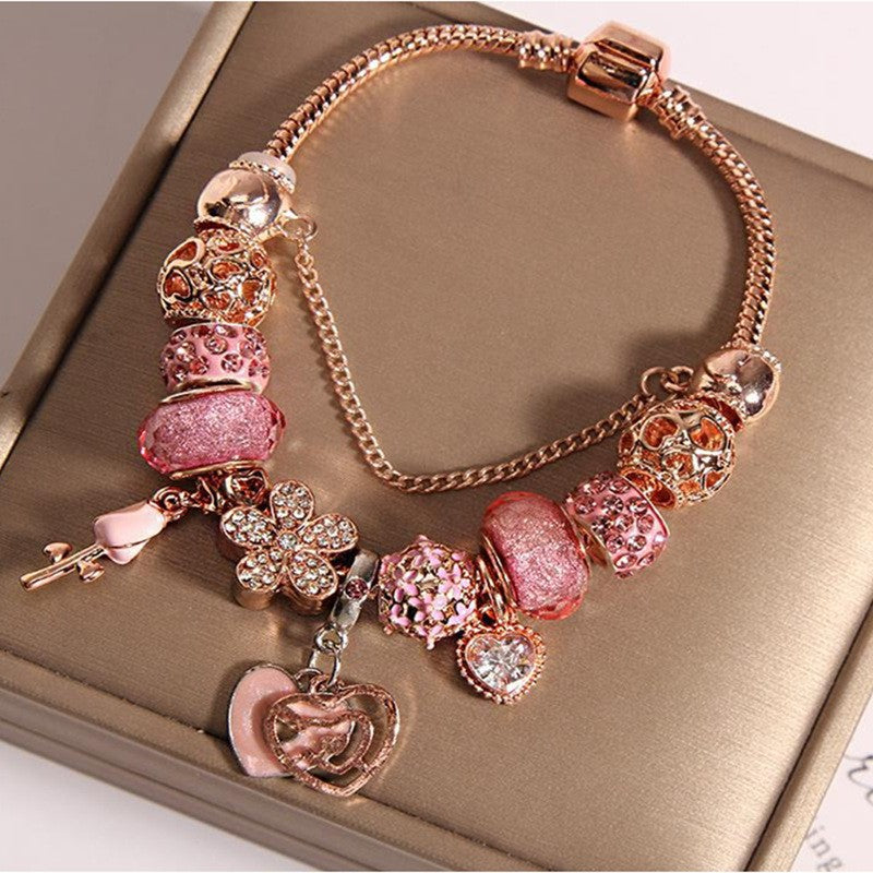 Romantic Purple Floral Heart Charm Bracelet