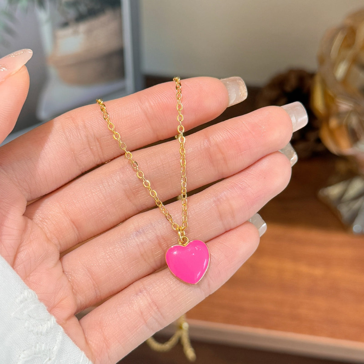 Dainty Pink Enamel Heart Necklace