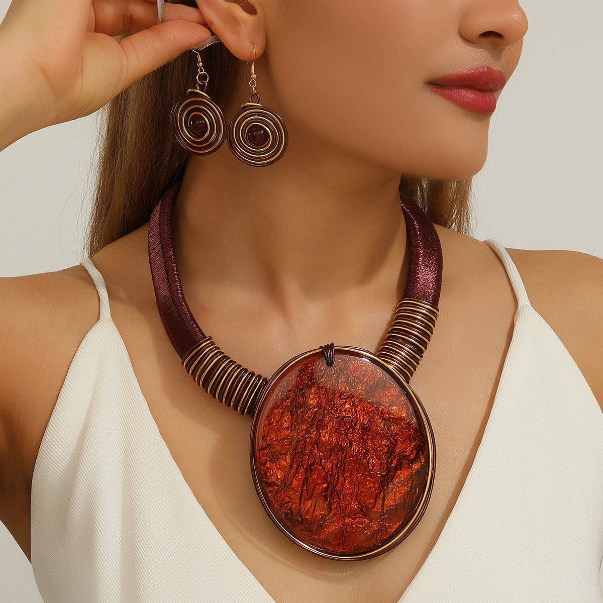 Boho Textured Disc Necklace and Earring Set
