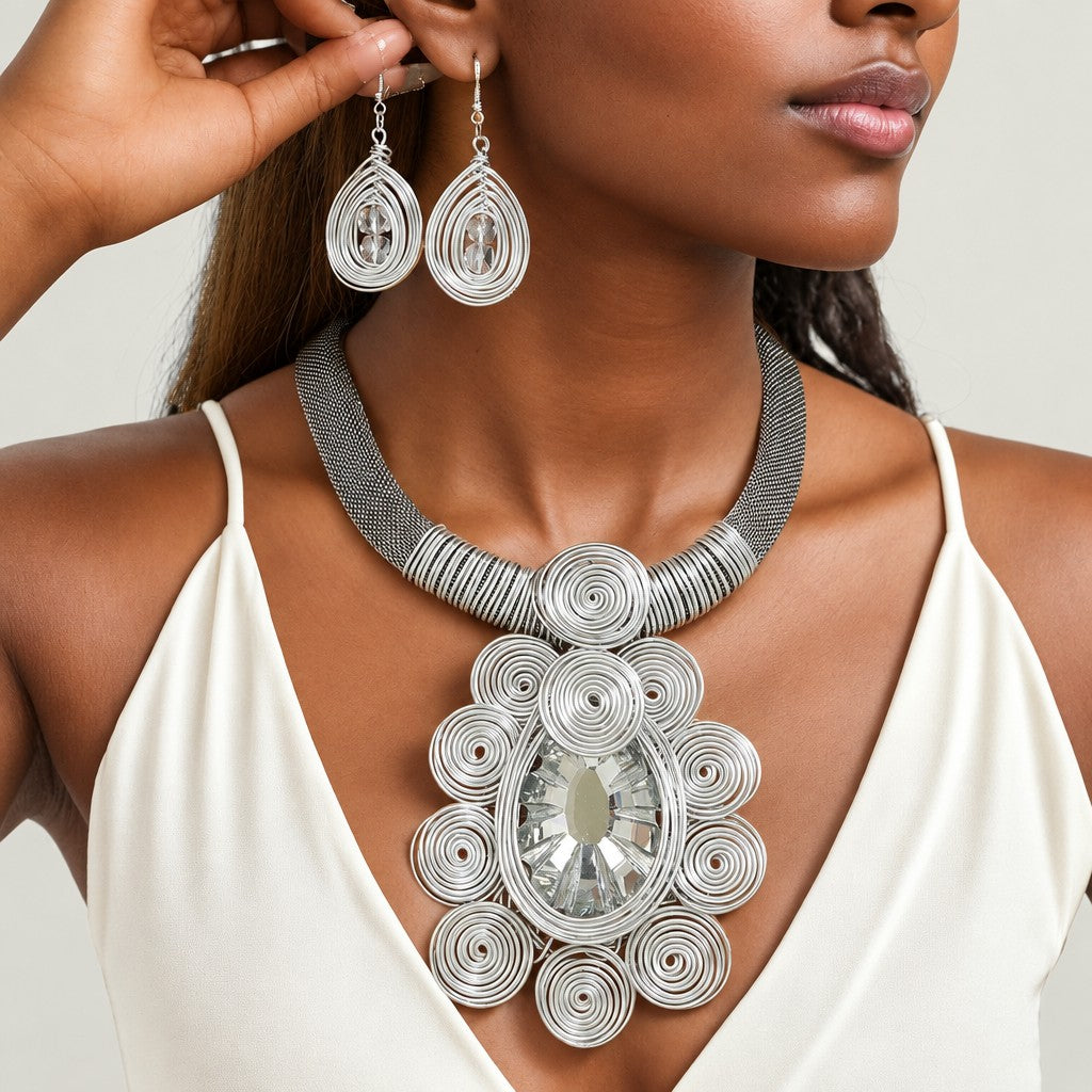 Boho Purple Spiral Crystal Necklace & Earring Set