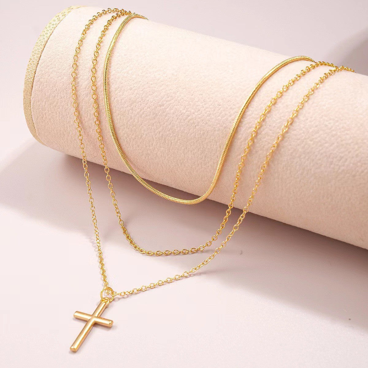 Dainty Layered Cross & Bead Necklace