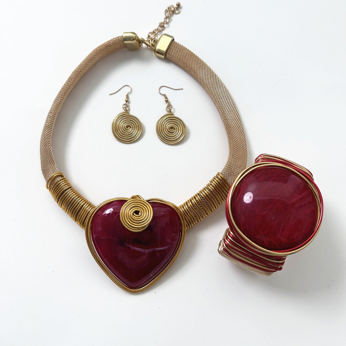 Boho Woven Amber Heart Necklace & Earring Set