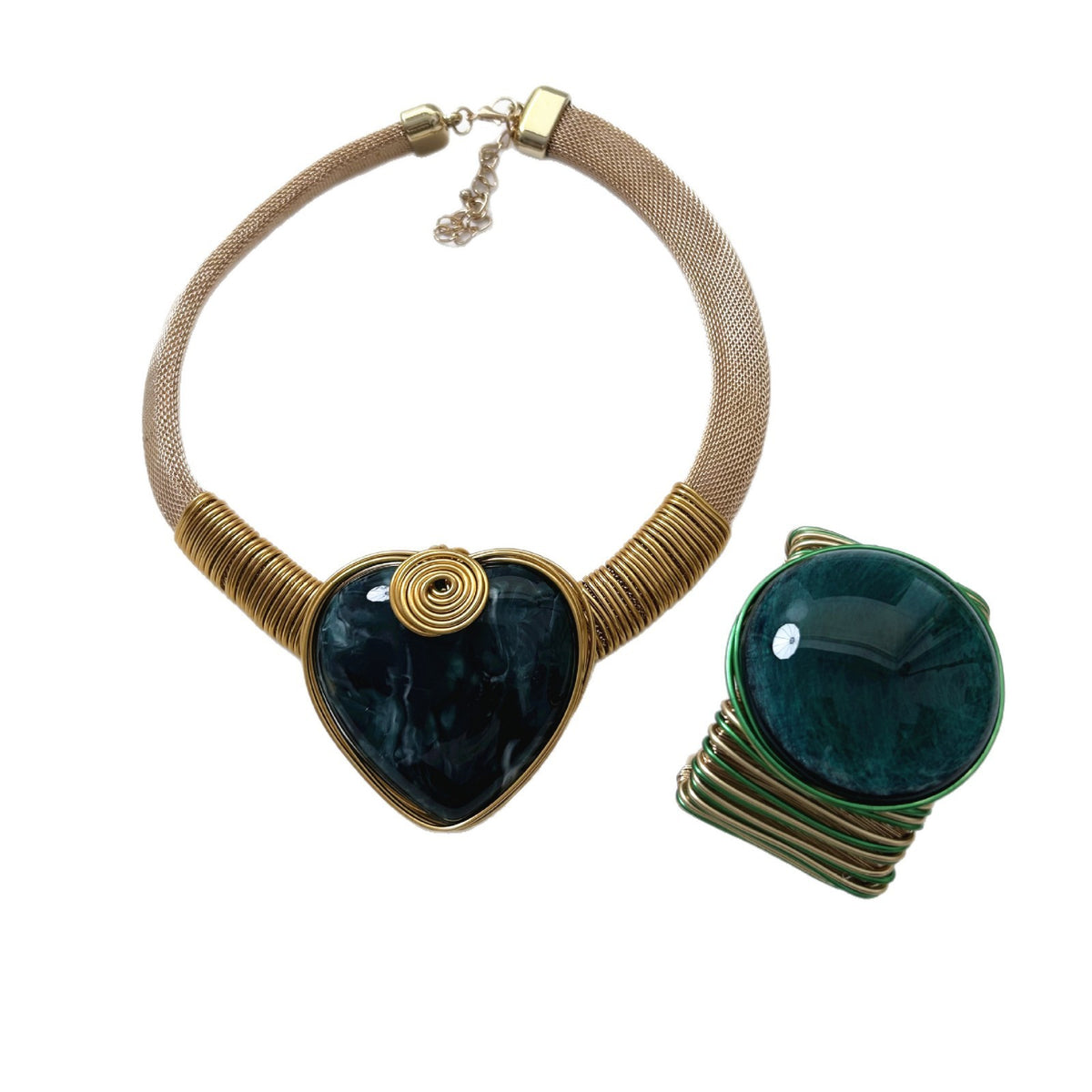 Boho Woven Amber Heart Necklace & Earring Set