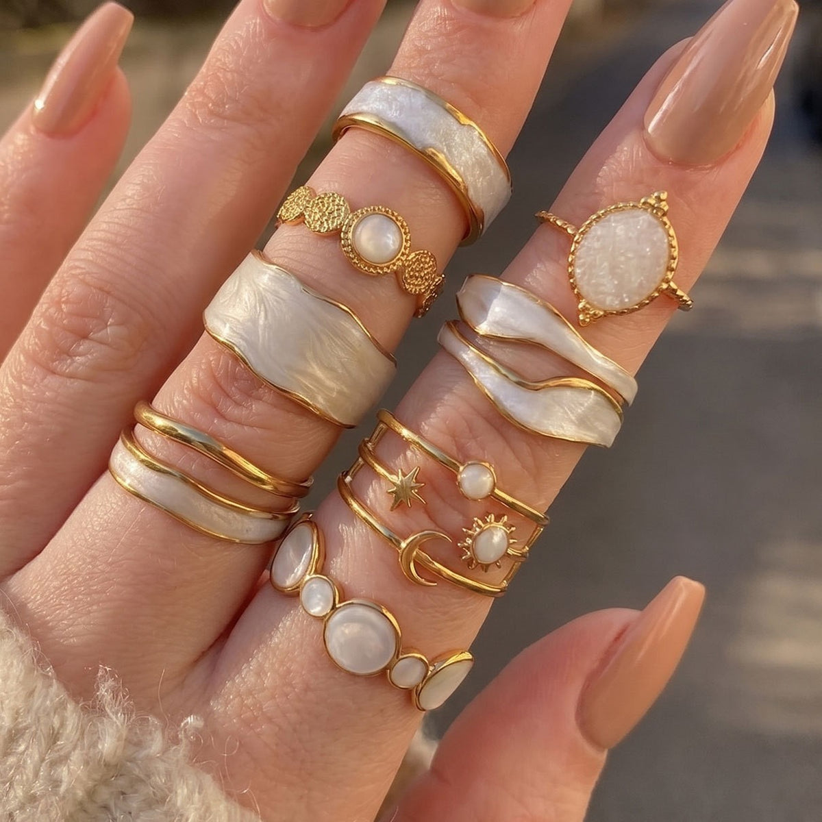 Dainty White Inlay Adjustable Ring Set