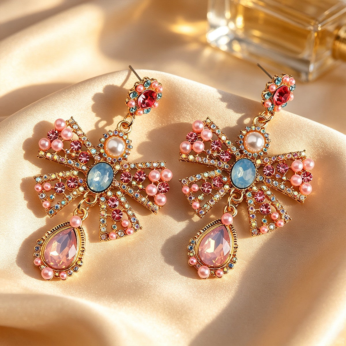 Romantic Colorful Gem Bow Drop Earrings