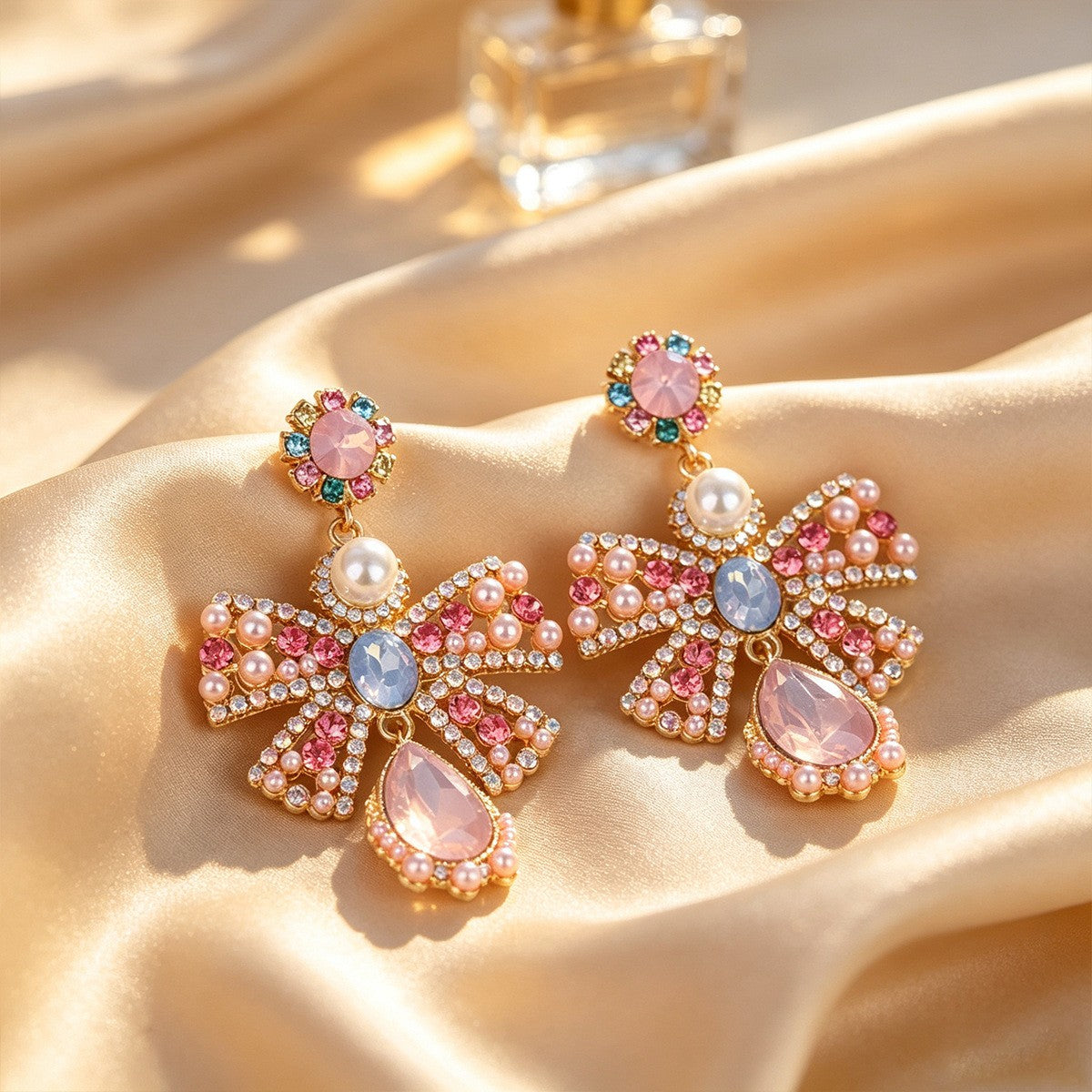 Romantic Colorful Gem Bow Drop Earrings