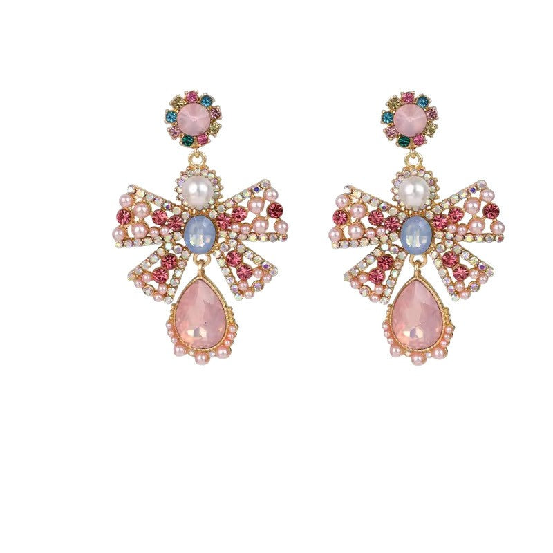 Romantic Colorful Gem Bow Drop Earrings
