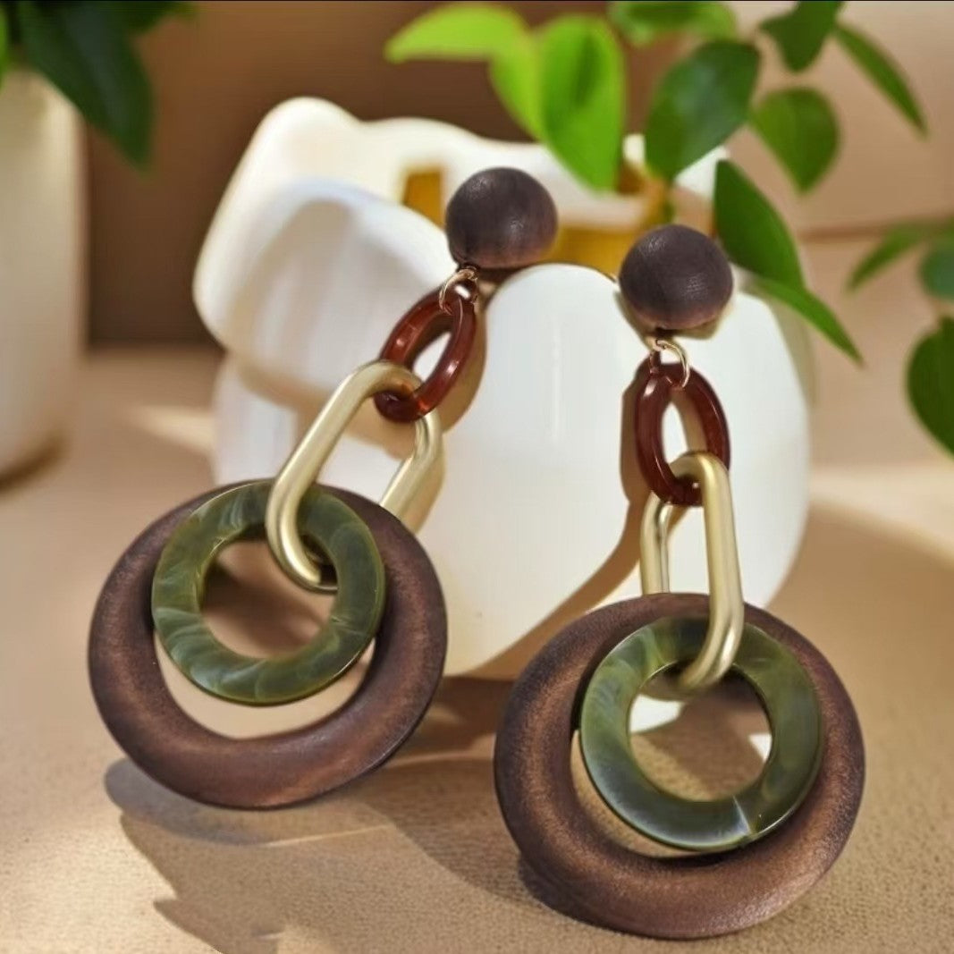 Vintage Wood Geometric Link Dangle Earrings