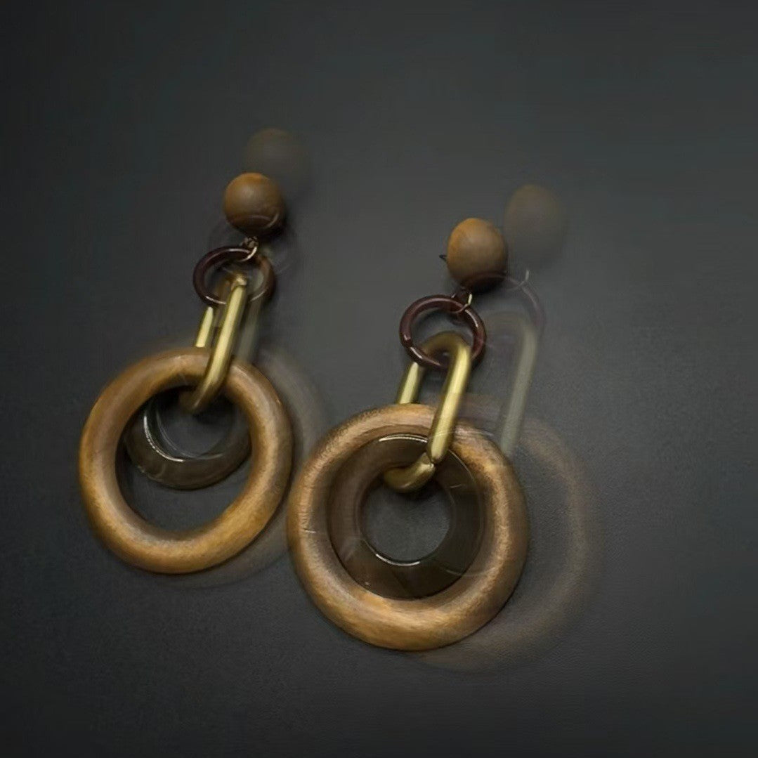 Vintage Wood Geometric Link Dangle Earrings