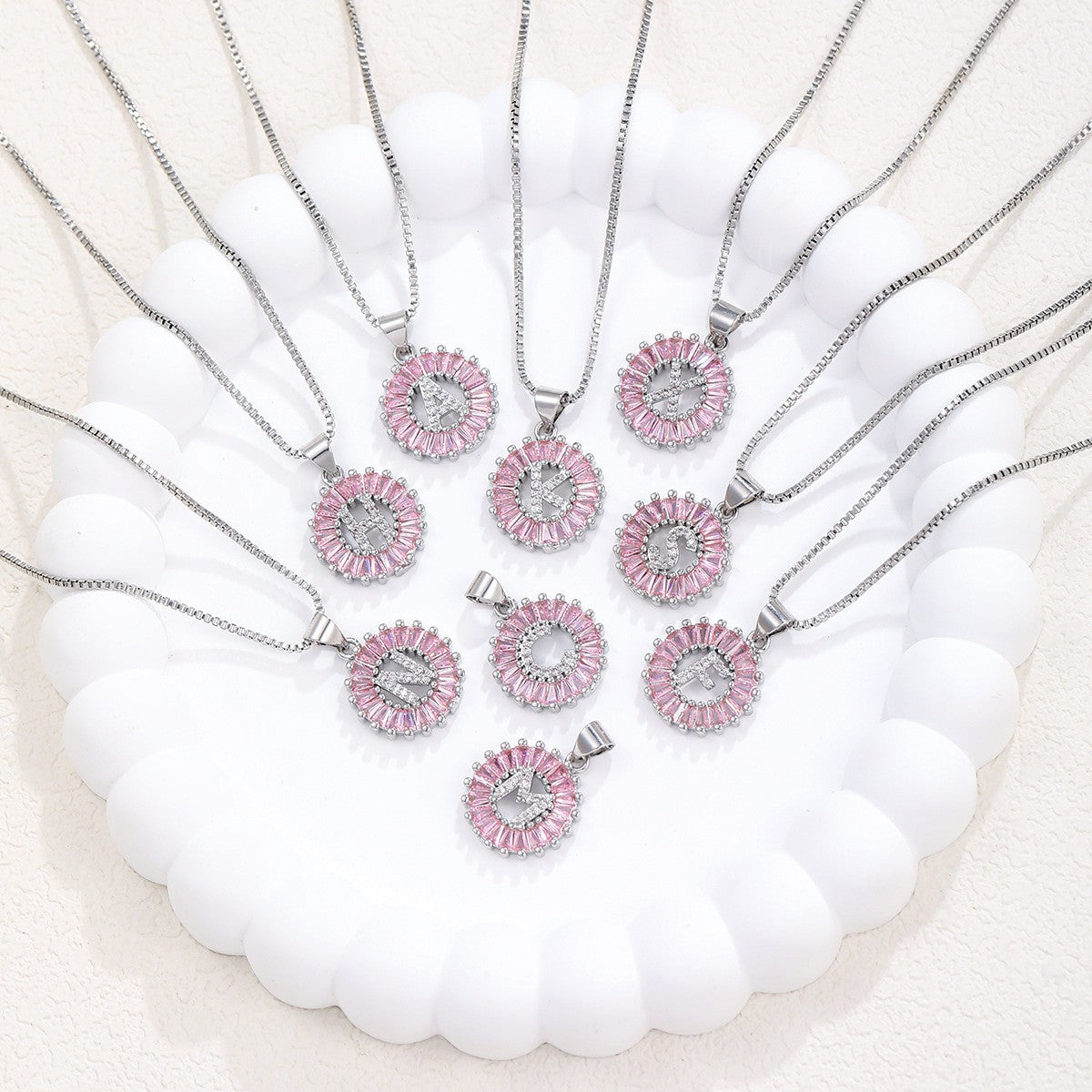 Dainty Pink Baguette Zirconia Initial Necklace